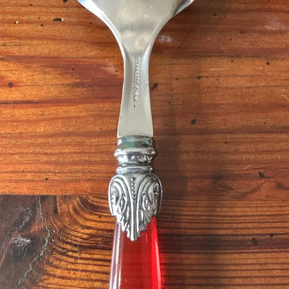 Ruby Red Handled Salad Serving Untensils/Sporks 10 Inches Clear Red Handles
